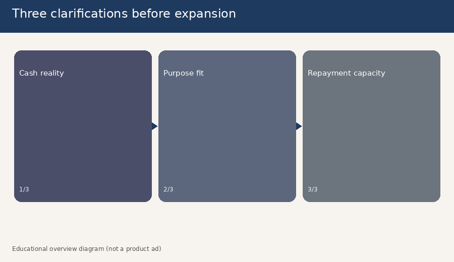 Three-panel educational diagram showing cash reality, purpose fit, and repayment capacity clarifications before SME expansion financing in Malaysia